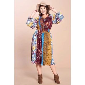 Oddy Plus Tassel Tie Neck Mixed Print Midi NWT